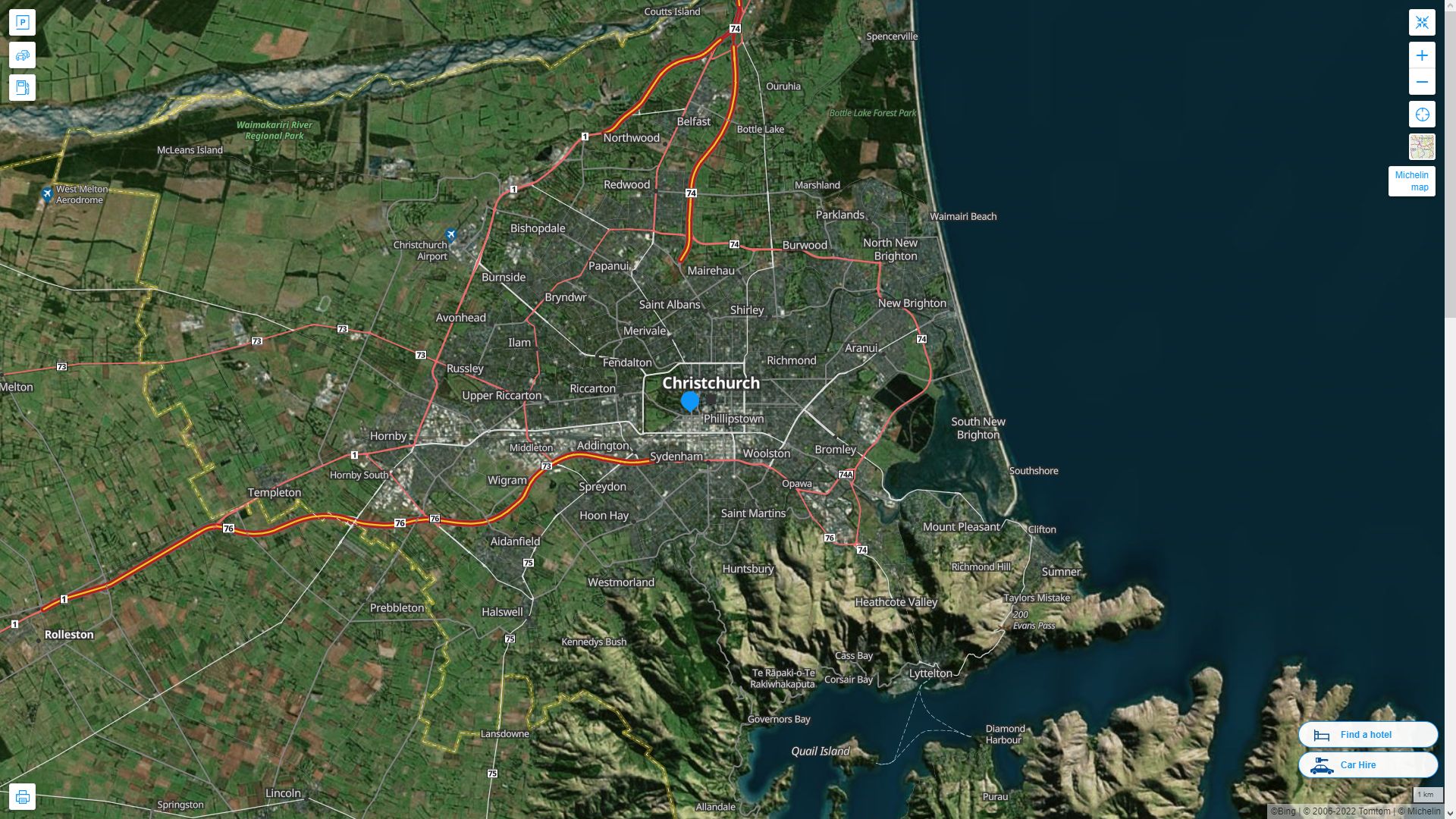 Christchurch Nouvelle Zelande Autoroute et carte routiere avec vue satellite